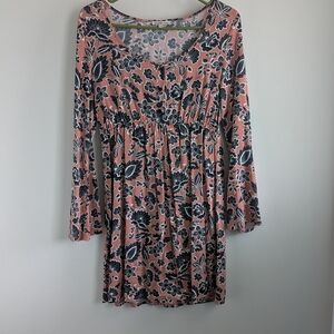 Coral Floral Lightweight Flare Sleeve Empire Waist Midi Dress